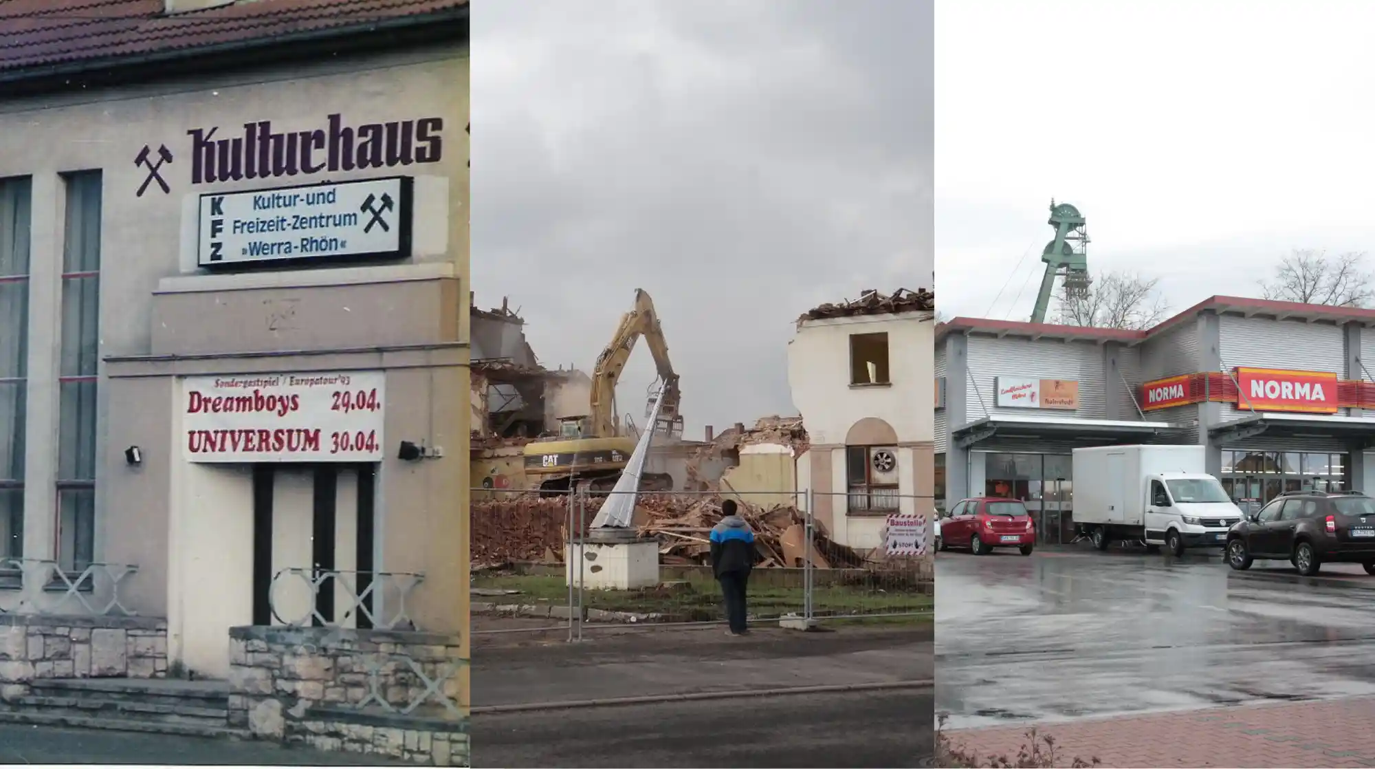Eine Collage aus drei Fotos, die die Entwicklung des Kulturhauses in Merkers darstellt: Links das Foto des ehemaligen Kulturhauses im Jahr 1993, in der Mitte ein Foto vom Abriss 2015, rechts ein Foto des neuen Supermarktes, der dort nun steht.