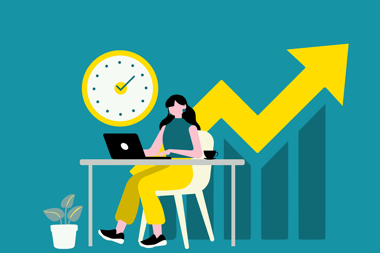 Illustration: Eine Frau sitzt an einem Schreibtisch mit ihrem Laptop und arbeitet. Im Hintergrund sind eine Uhr und ein Pfeil, der nach oben geht. Der Pfeil symbolisiert die steigenden Arbeitsstunden.
