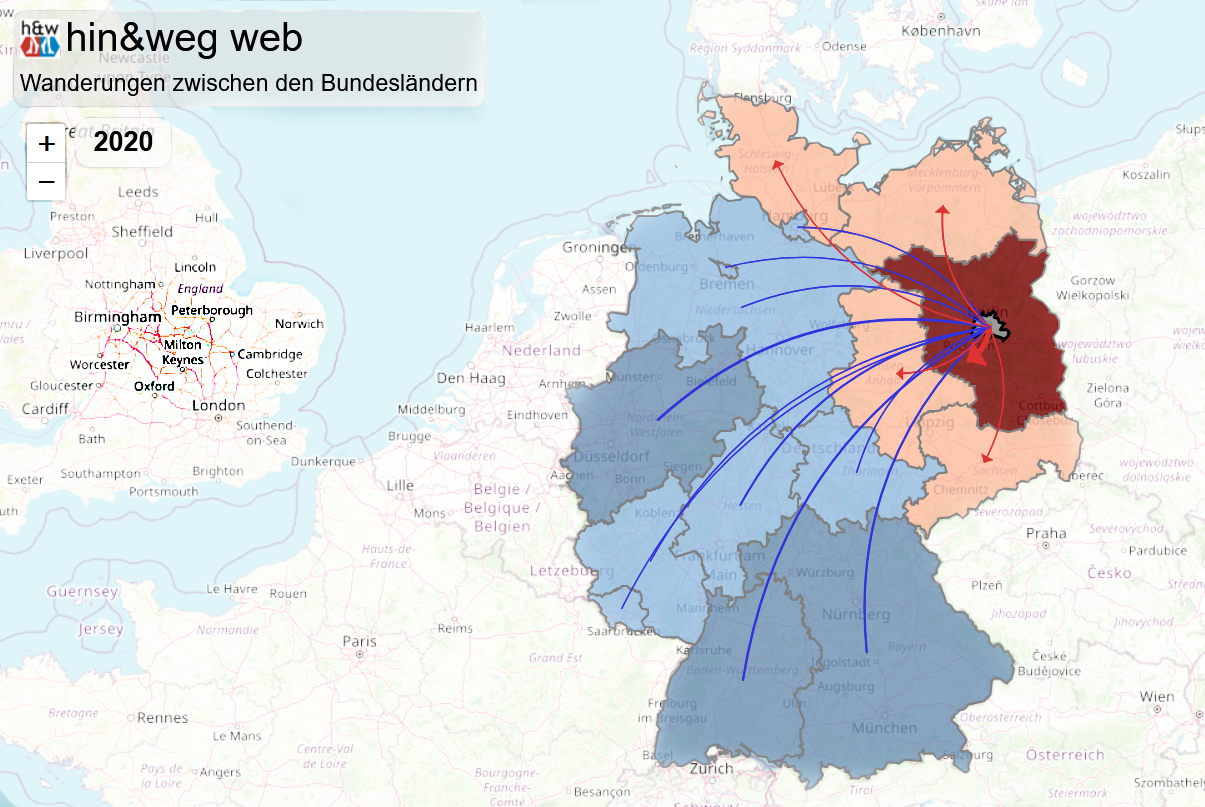 Deutschlandkarte, die die Migrationsströme im Jahr 2020 aus den Bundesländern nach Berlin und von Berlin in die anderen Bundesländer farblich darstellt