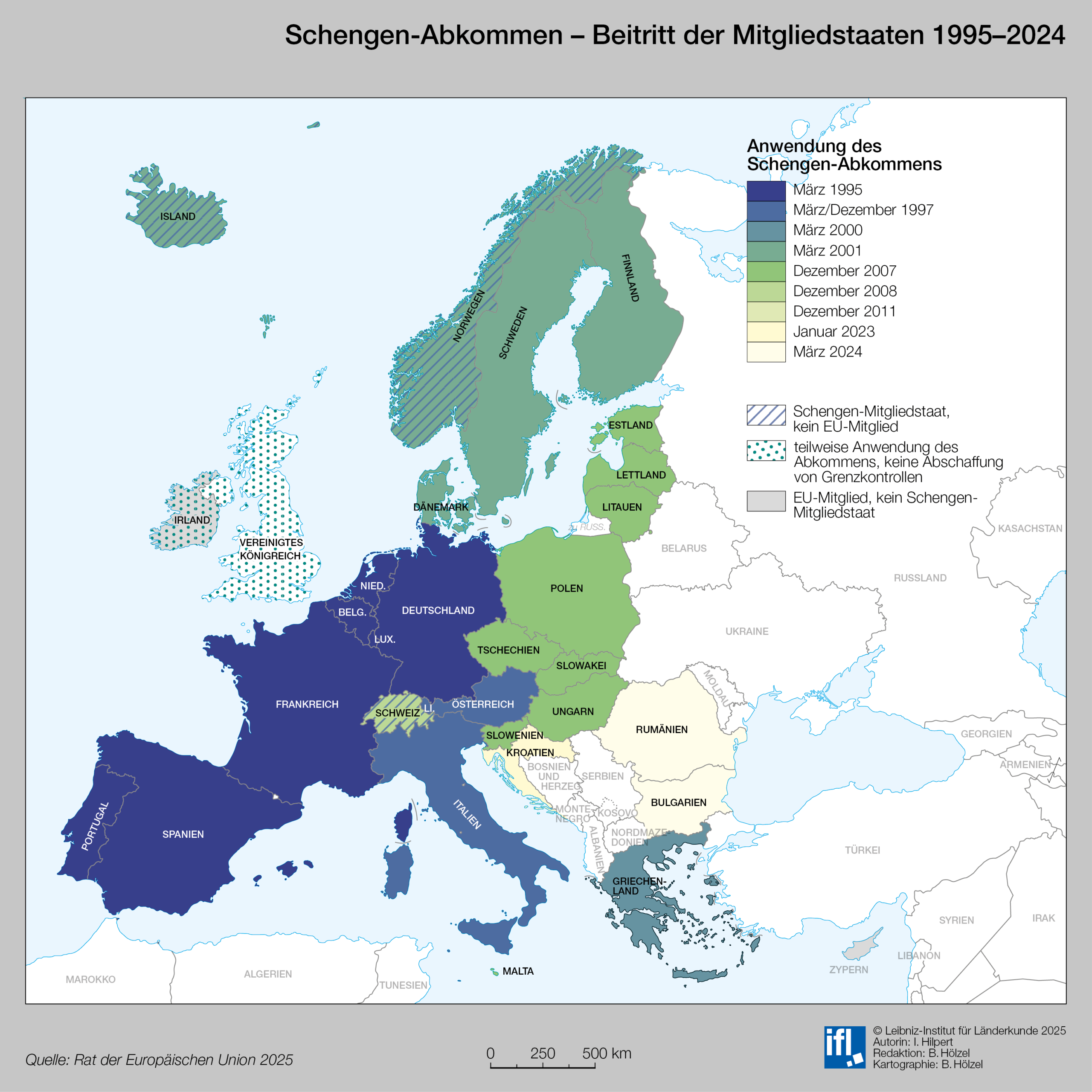 Europa-Karte, welche den Beitrittsmonat und -jahr der Mitgliedsstaaten des Schengen-Abkommens zwischen 1995 und 2004 darstellt.