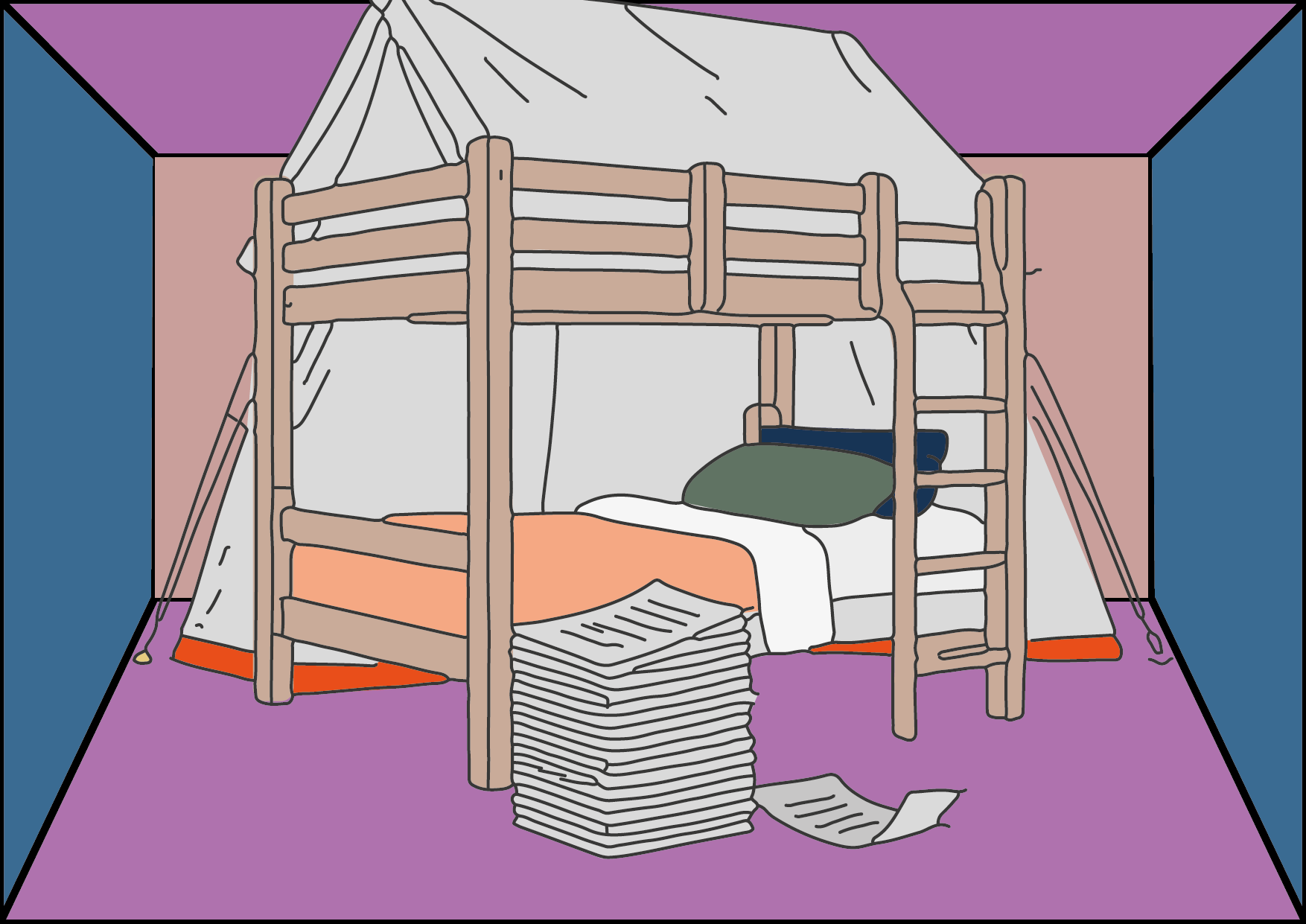 Illustration von einem Doppelstockbett, dahinter ein Zelt, davor ein Stapel Papier.