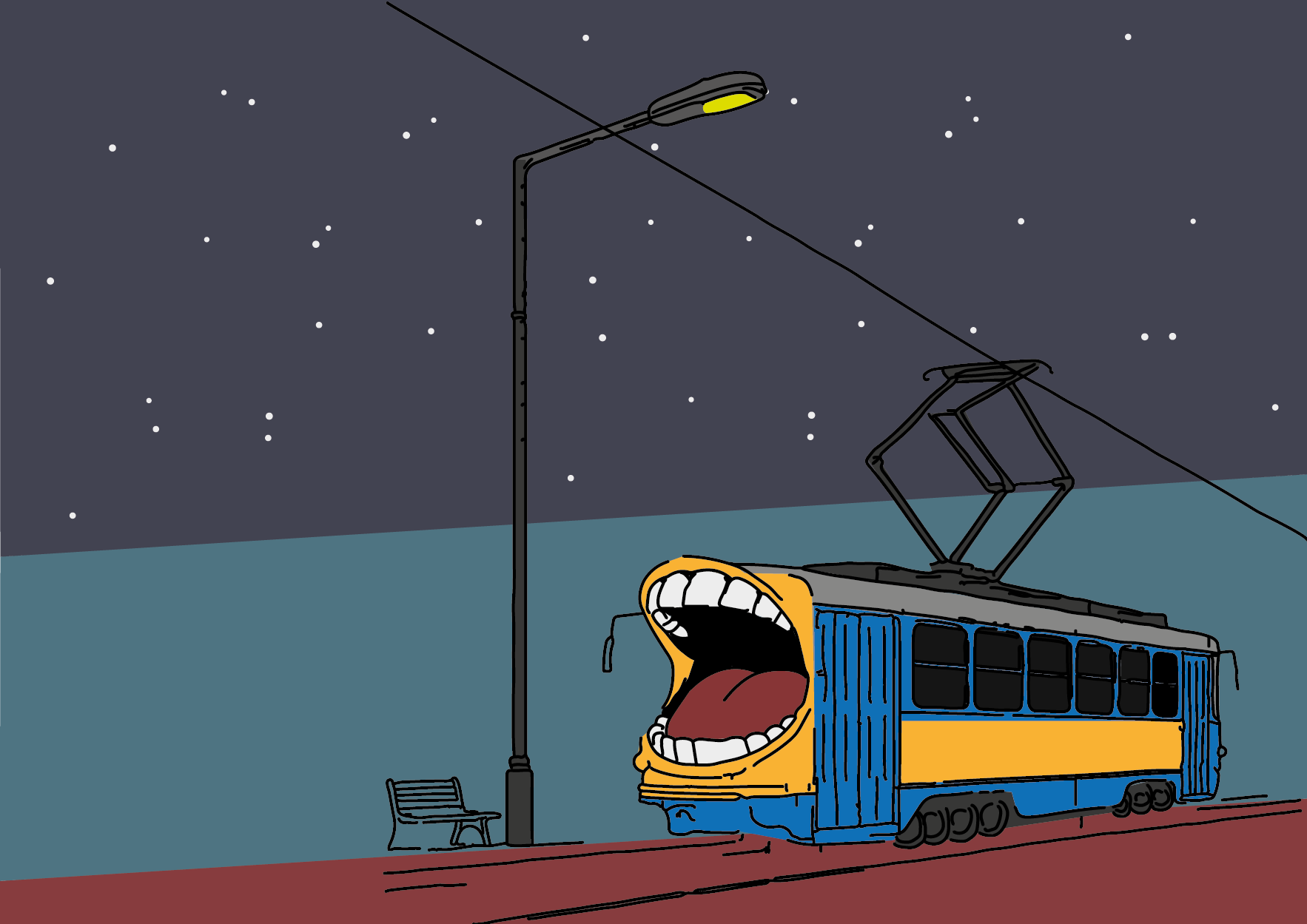 Illustration von einer Stra&szlig;enbahn, die durch die Nacht f&auml;hrt, Die Bahn hat an der Spitze, wo eigentlich das Fahrpersonal sitzt, einen gro&szlig;en Mund. Der Mund ist weit ge&ouml;ffnet, sodass Z&auml;hle und Zunge sichtbar sind.