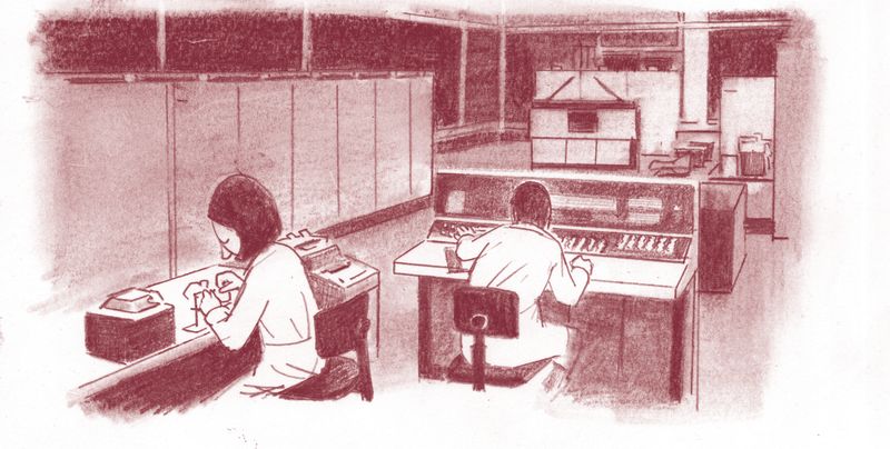 Skizze von zwei Personen, die in einem alten rechenzentrum arbeiten. Eine Person sitzt an einem Computer, der so groß wie ein Klavier ist.