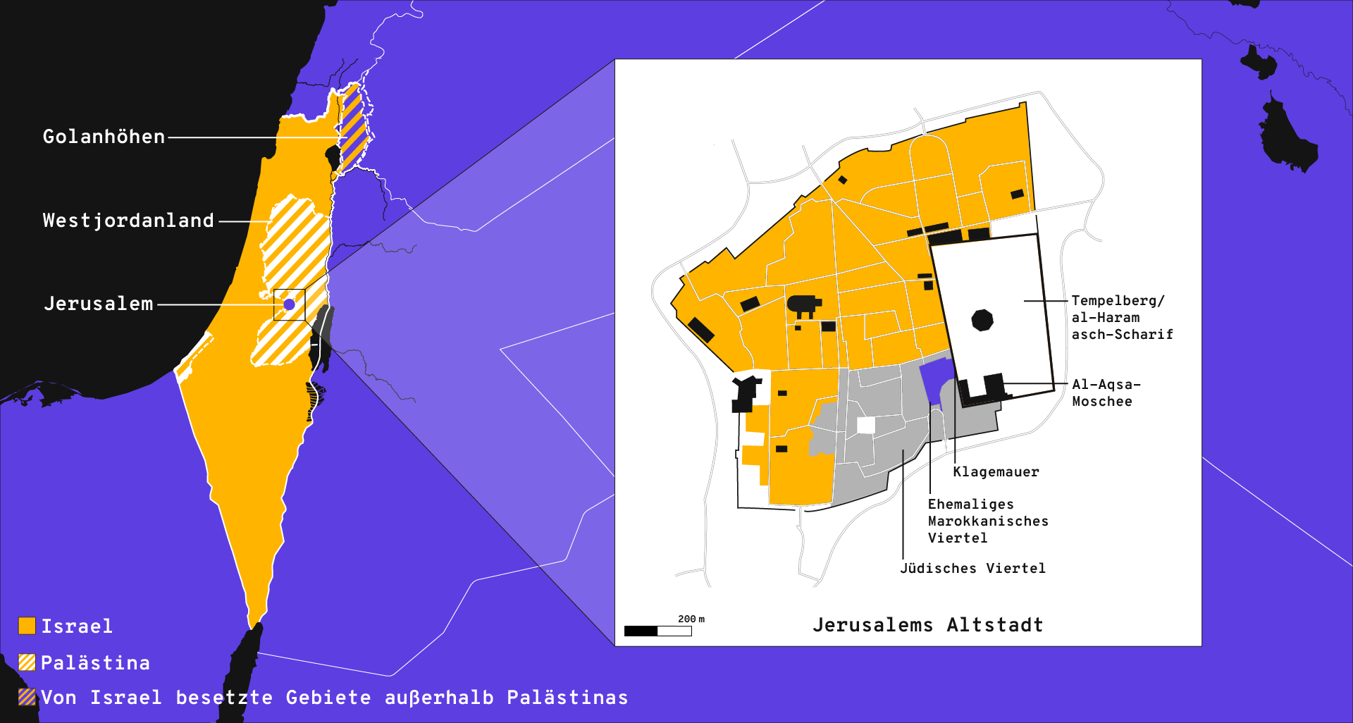 Eine Landkarte zeigt den Standpunkt Jerusalems in Israel und Pal&auml;stina. Eine weitere Karte zeigt die Altstadt von Jerusalem mit dem Tempelberg und der Al-Aqsa-Moschee, der Klagemauer, dem ehemaligen Marokkanischen Viertel und dem J&uuml;dischen Viertel.