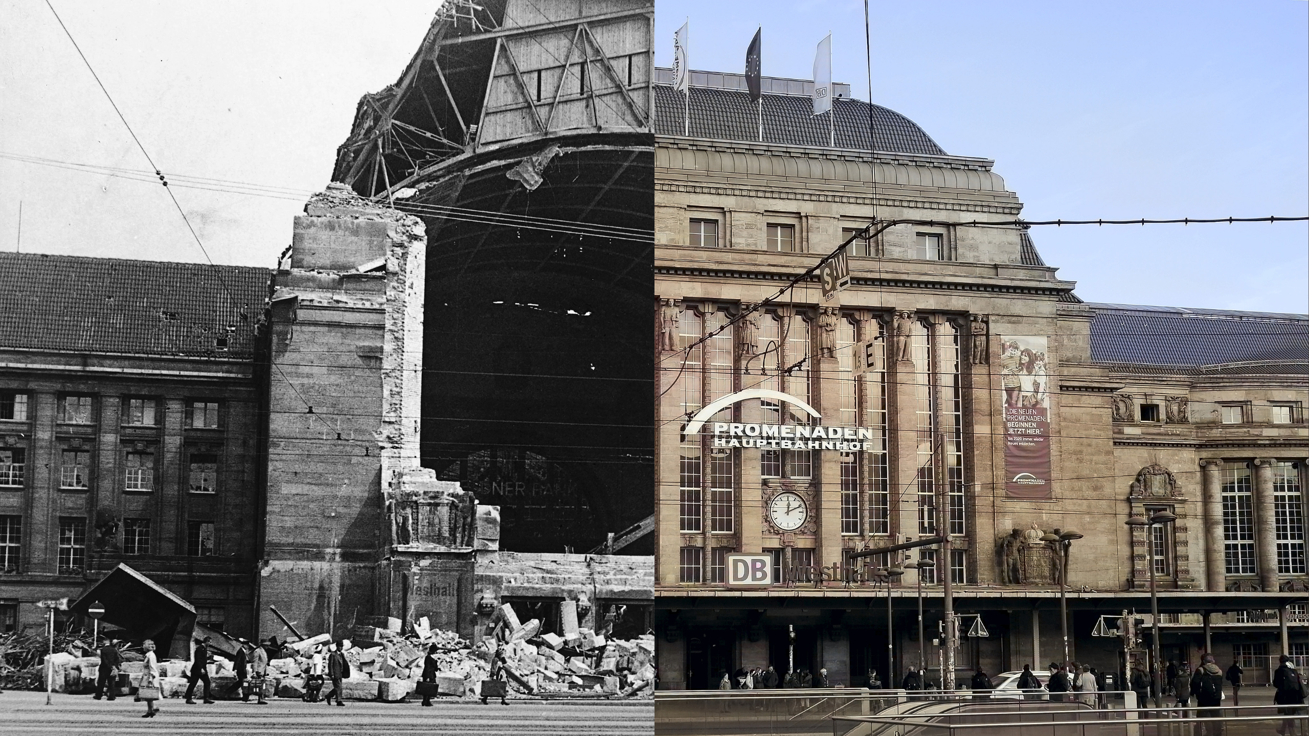Vorher-Nachher-Bild von der Westhalle des Leipziger Hauptbahnhofs. Links ein Bild von der zerst&ouml;rten Halle nach einen Bombenangriff 1944. Rechts die wiederaufgebaute Halle 1997.