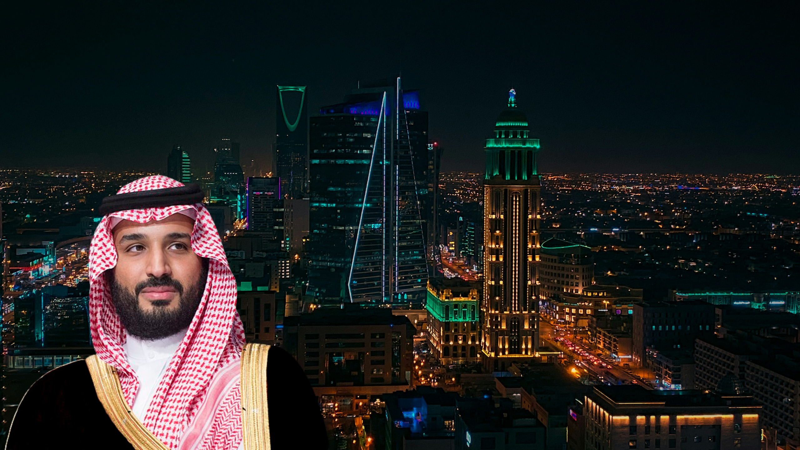 Collage: Skyline von Saudi-Arabiens Hauptstadt Riad bei Nacht. Im Vordergrund ein Foto des saudischen Kronprinzen Muhammad bin Salman.