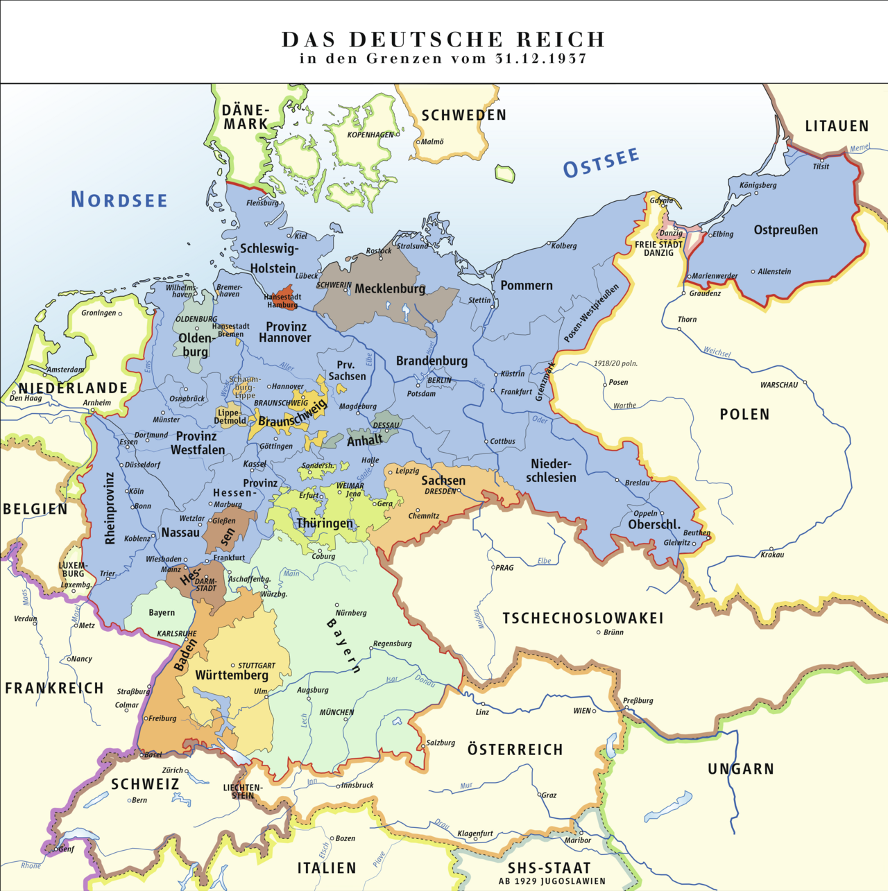 Eine Karte des deutschen Reiches 1937 Copyright: Ziegelbrenner via Wikimedia Commons