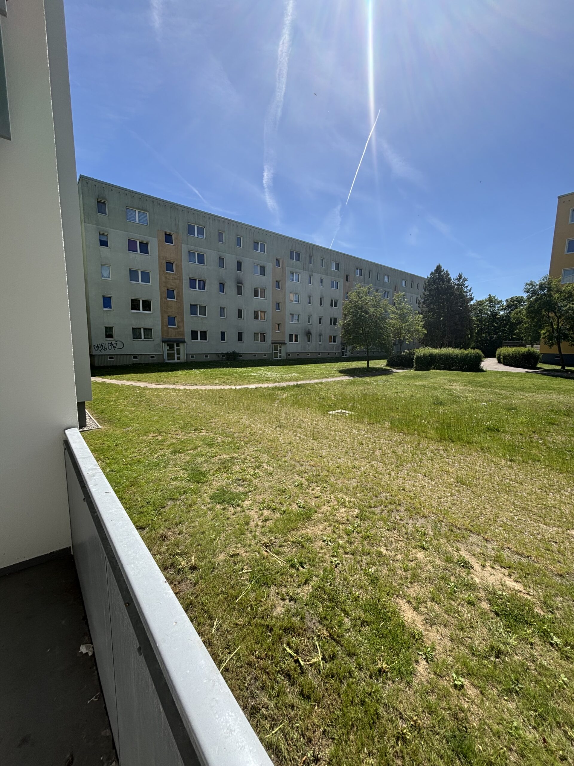 Blick auf einen Plattenbau vom Balkon einer Wohnung in einem anderen Plattenbau. Dazwischen ist eine kurz gem&auml;hte Wiese.