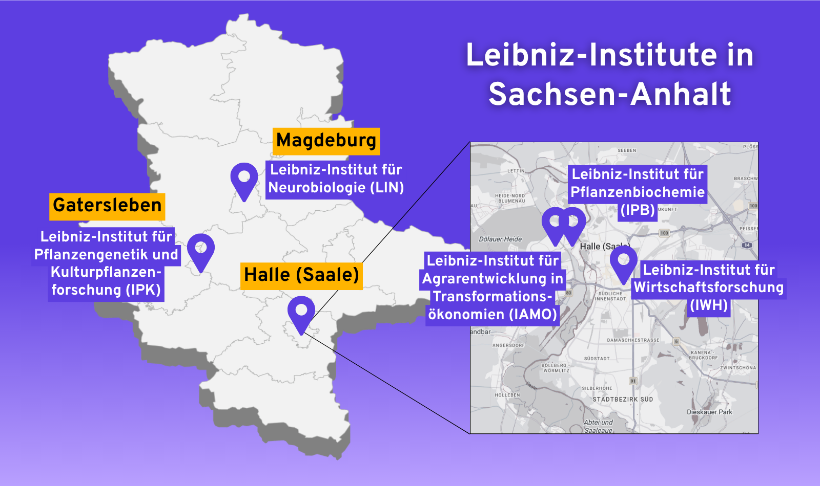 Eine Karte von Sachsen-Anhalt zeigt die f&uuml;nf ans&auml;ssigen Leibniz-Institute in Magdeburg, Gatersleben und Halle.