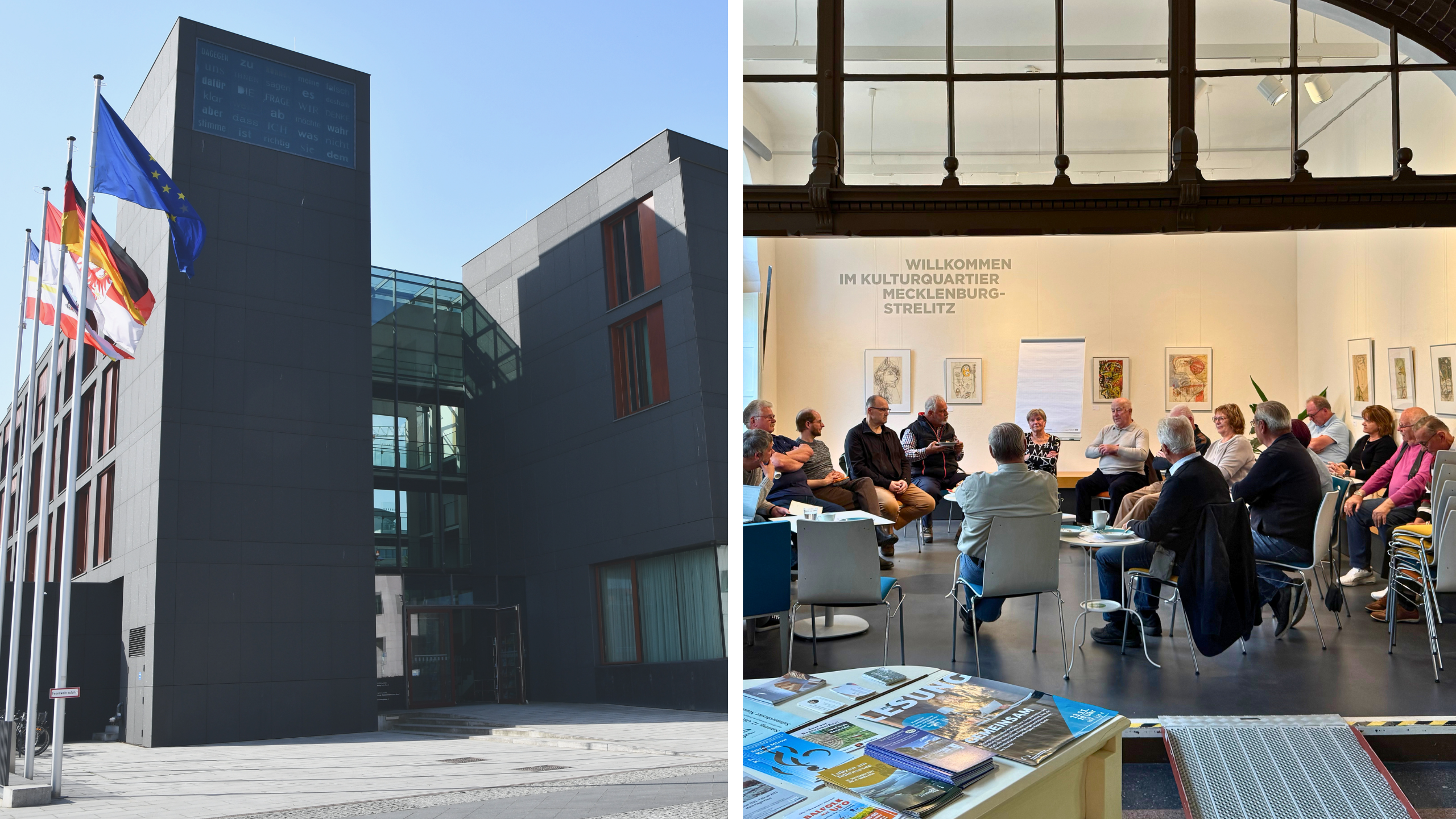 Foto von der Fassade der Landesvertretung Mecklenburg-Vorpommern in Berlin und von einem Gesprächskreis bei einem Moving-Lab in Neustrelitz, Mecklenburg-Vorpommern.